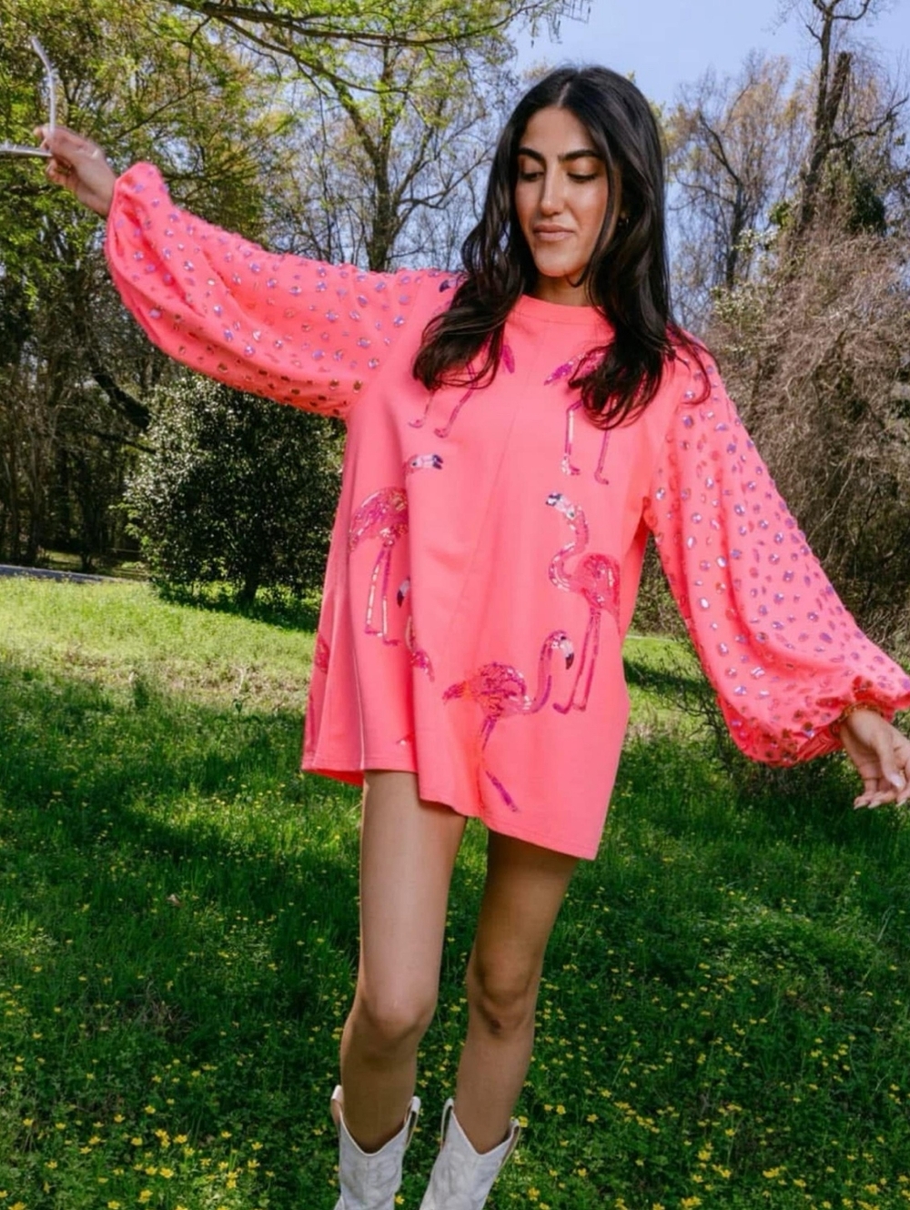 QUEEN OF SPARKLES Neon Pink Flamingo Embellished Balloon-Sleeve Dress